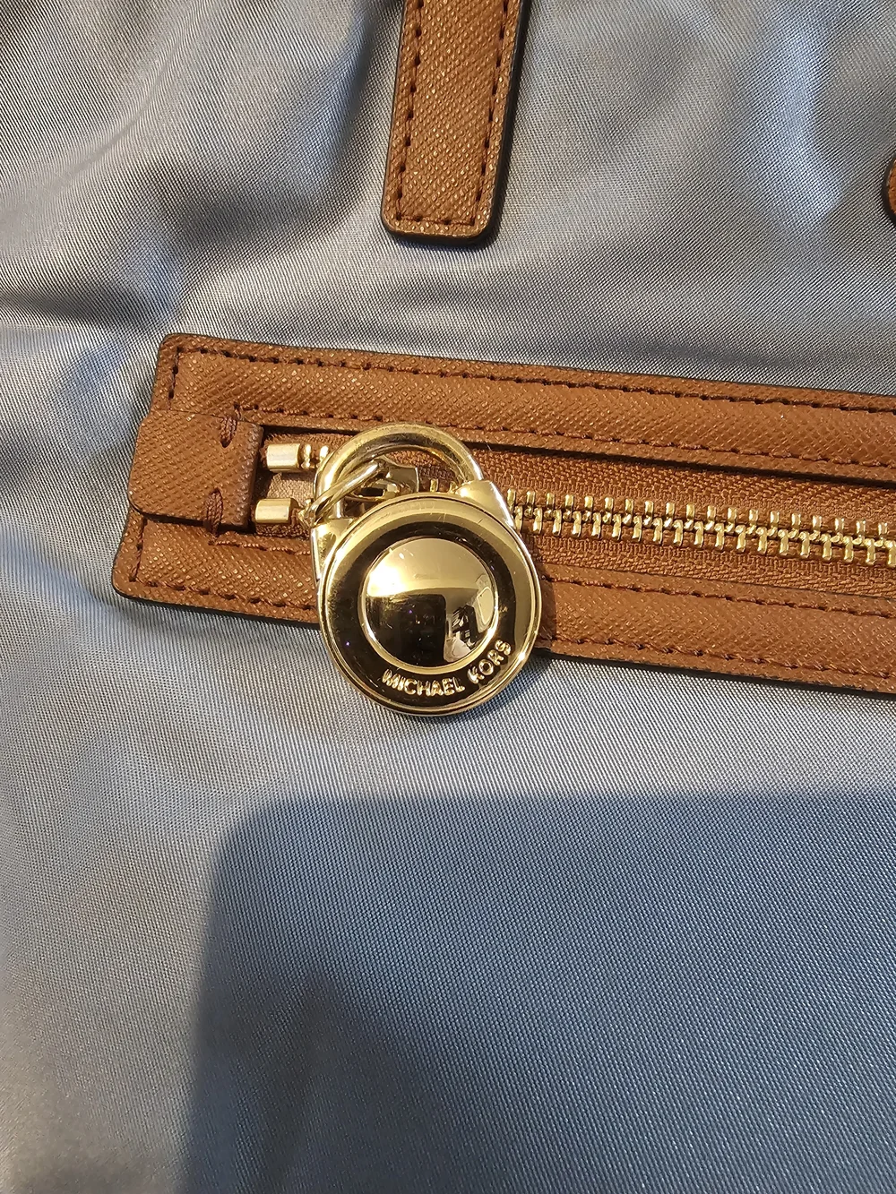 Michael Kors Light Blue Nylon Tote with Brown Leather Trim